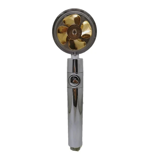 New Propeller Driven Fan Shower Head with Stop Button and Cotton Filter Turbocharged High Pressure Handheld Shower Nozzle Oasis Select Gold