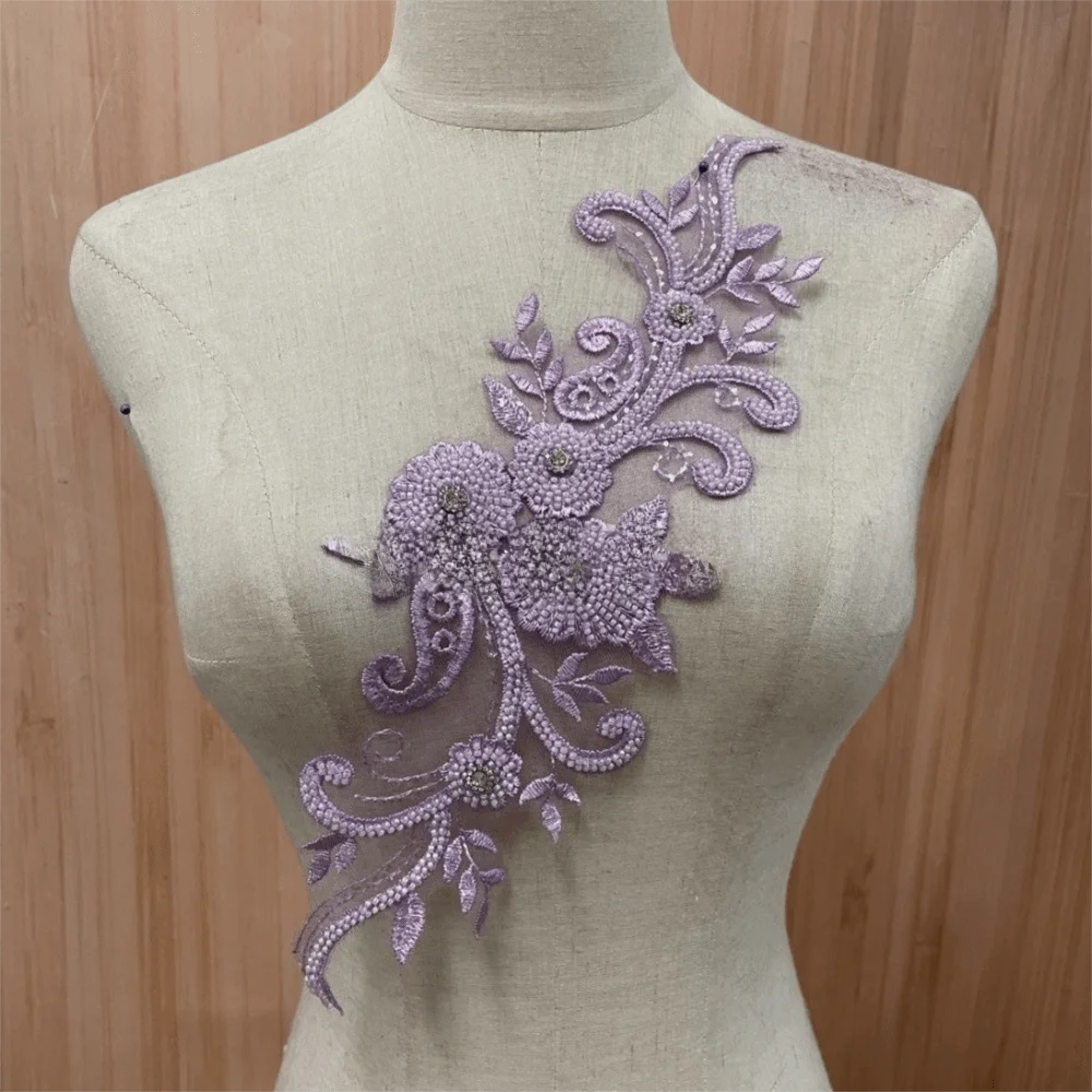Rhinestone Flower Lace Applique Patch Handsewn Glass Drill Flower Embroidery Applique DIY Evening Gown Wedding Dress Accessories Oasis Select Light Purple