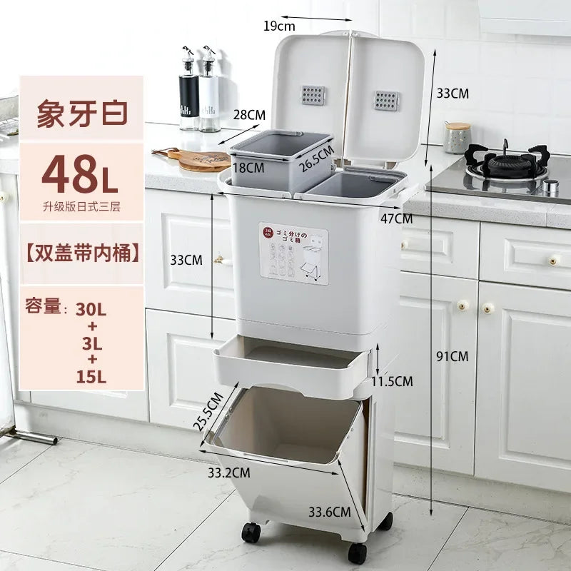 Japanese-style sorting trash can Double bucket Household large kitchen with lid Foot pedal Dry and wet plastic separation bucket Oasis Select 48L triple-double