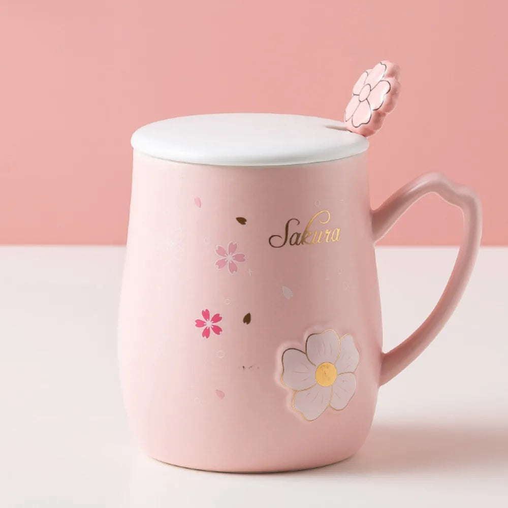 Relief Cherry Blossom Ceramic Mug With Lid Spoon Heat-resistant Mugs Milk Coffee Cup Couple Tea Juice Cups Drinkware Oasis Select 1
