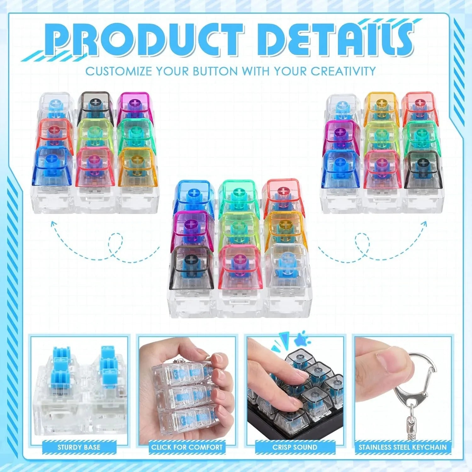 1-20PCS 9 Keys Mechanical Switch Tester Keychain Fidget Clicky Stress Relief for Keyboard Enthusiast Gamer Desk Decor Oasis Select