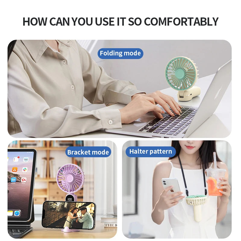 Portable Handheld Fan Mini USB Fan With 6 Speeds and Digital Display Foldable 3-in-1 Handheld Neck and Desktop Fan For Outdoor Oasis Select