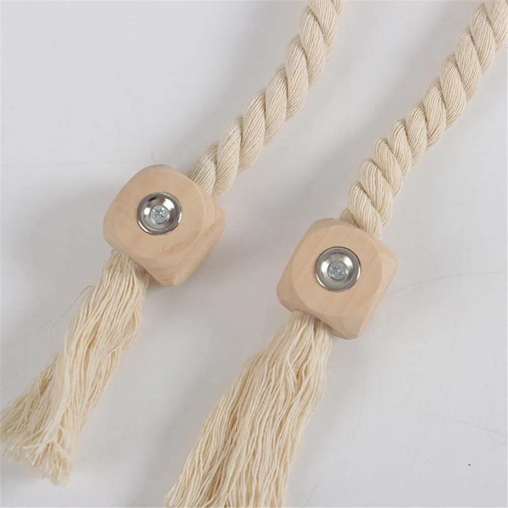 Hand-woven solid wood magnetic knot curtain tiebacks with Boho style, suitable for living room and bedroom home decoration. Oasis Select
