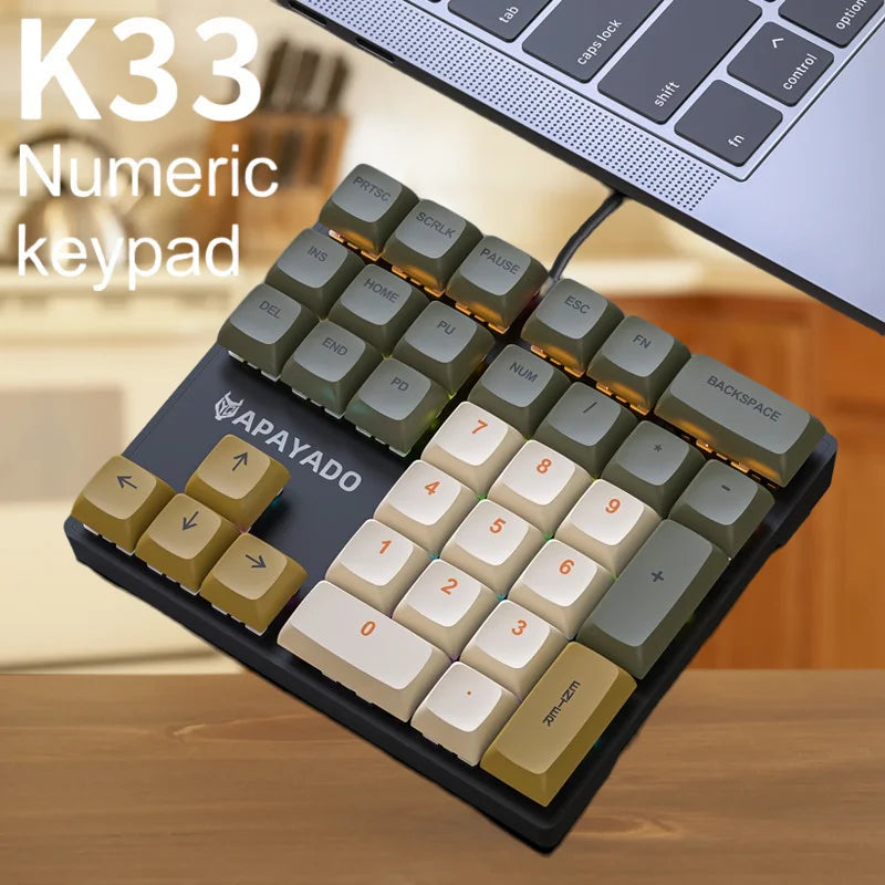 APAYADO K33 Mechanical Numeric Keyboard with Blue Shaft, Mini 33 - Key,PBT Keycaps and Vivid RGB Lights, Tailored for Accountin Oasis Select