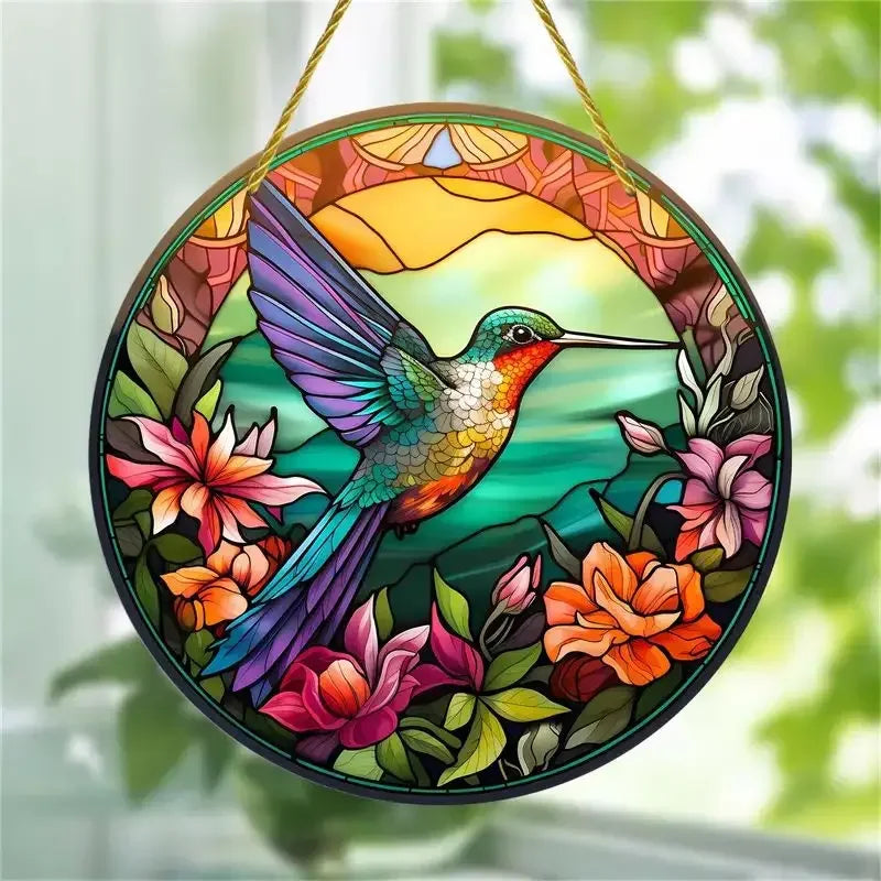 NEW Acrylic Painted Hummingbird Pendant Bird Floral Pattern Suncatcher Round Wreath Porch Window Outdoor Patio Hanging Ornaments Oasis Select Style G-15cm