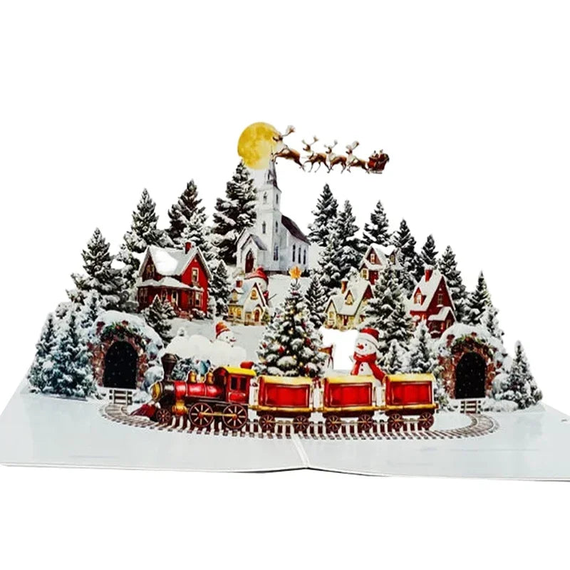 3D Christmas Card Night Before Christmas Scene With Santa, Reindeer, Snowy Village & Moonlit Sky Festive Holiday Greeting Card F Oasis Select