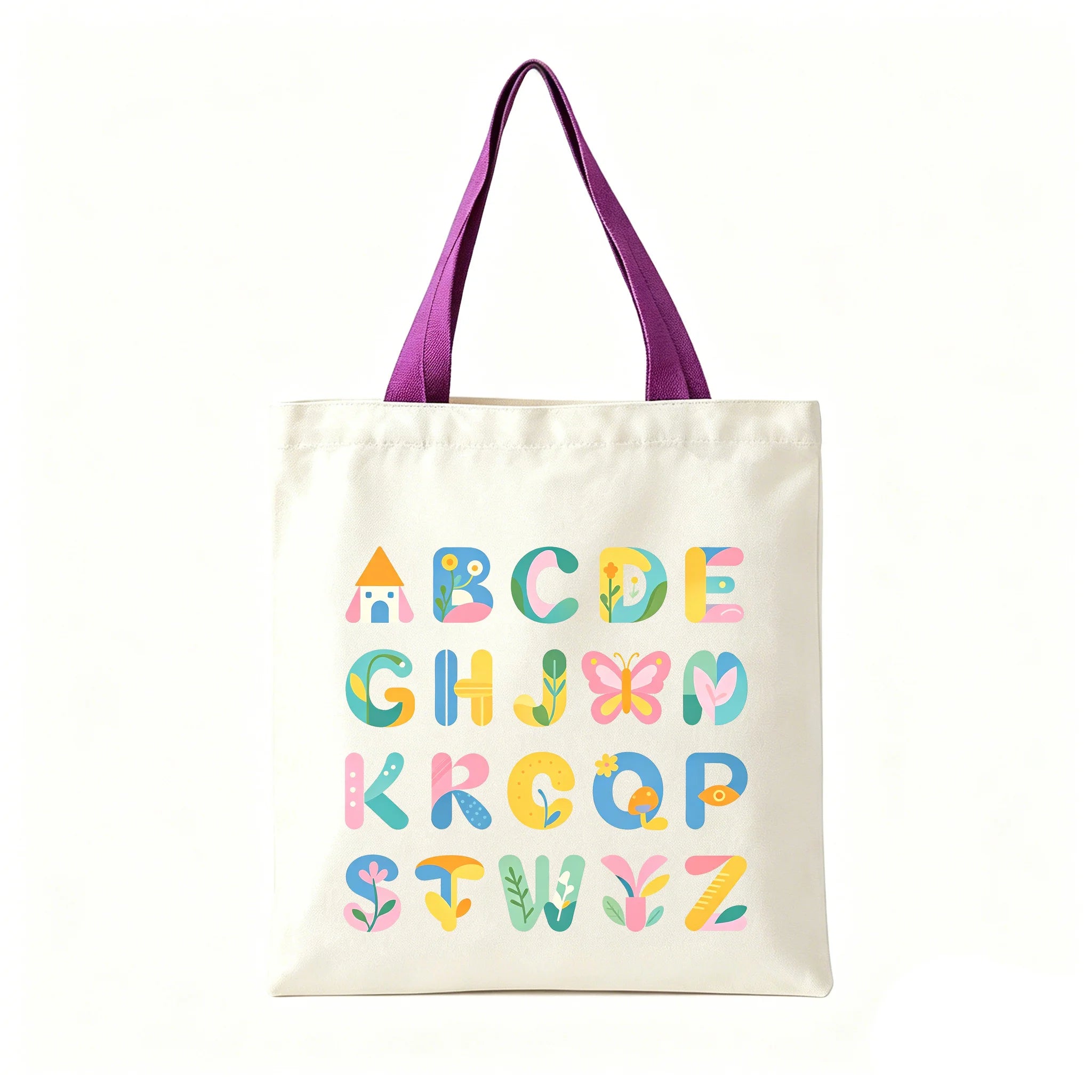 Colorful ABC Print Canvas Tote Bag Large Eco Reusable Shoulder Bag Student Teacher School Shopping Bag Oasis Select Purple 30 40cm