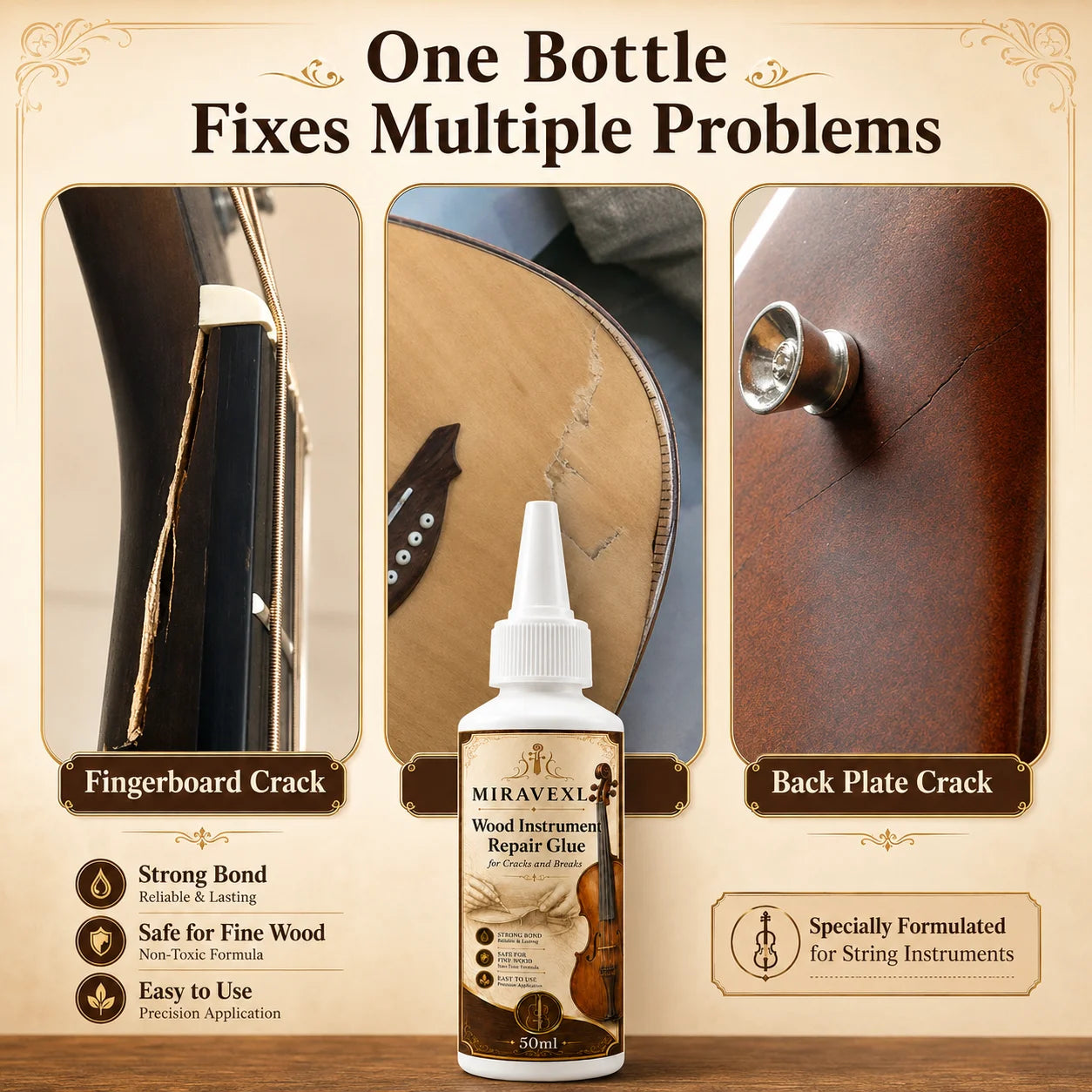 Wood Instrument Repair Glue 50ml Set Flat Brush Detail Brush for Guitar Violin Cello BridgeNeck Crack Fix Adhesive Kit Pack Pro Oasis Select
