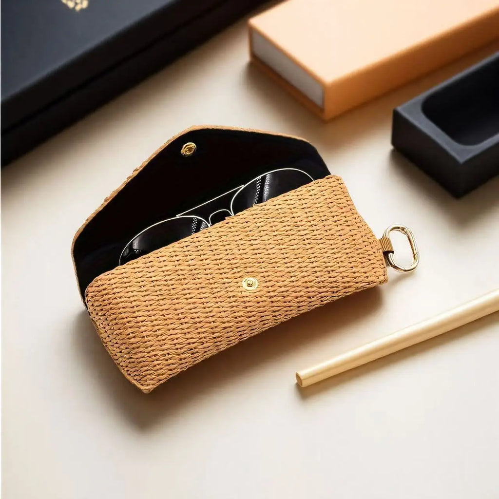 Fashion Woven Straw Glasses Case with Hook,Durable PU Leather Eyewear Bag,Soft Protective Sunglass Pouch for Women Glasses Case Oasis Select