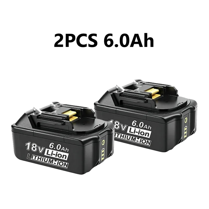 18V 6.0Ah Rechargeable Lithium-Ion Battery (18650 Cell) + 3A Charger, Suitable for Makita Power Tool BL1860 BL1830 LXT400 BL1850 Oasis Select 2 PCS 6.0Ah