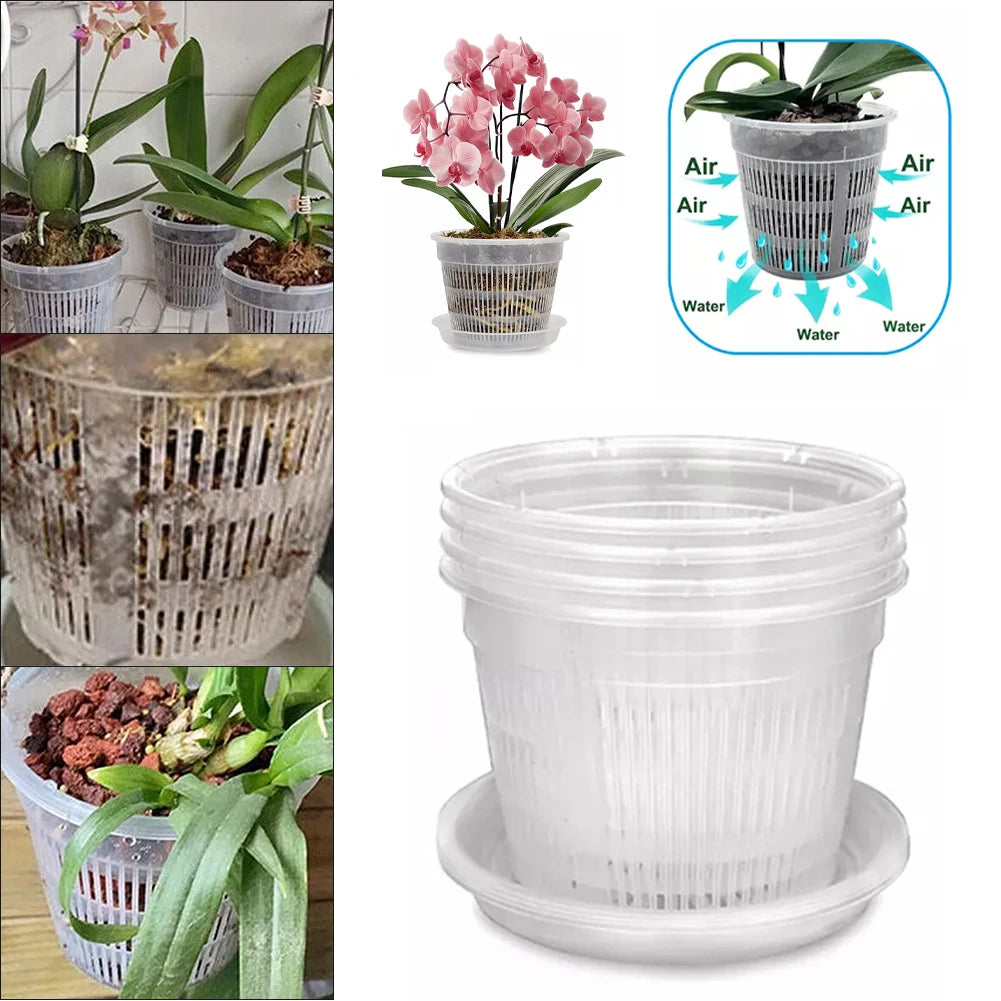 5pcs Orchid Pot With Saucers Plastic Clear Flower Plant Repotting Pot With Holes Breathable Flower Plant Pot For Nursery Oasis Select