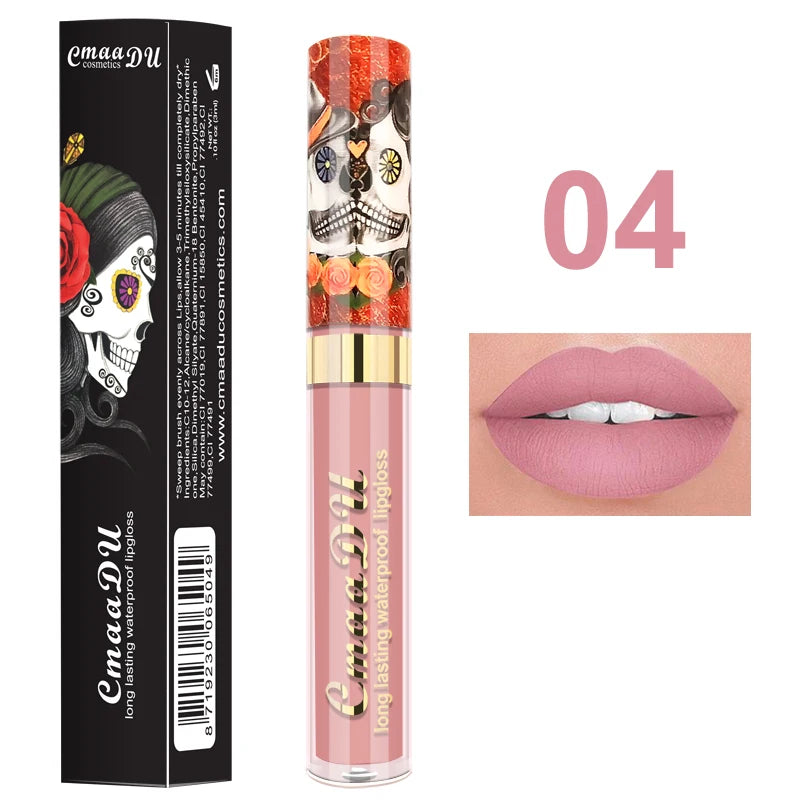 1pcs Matte Lip Gloss - Long-Lasting, Waterproof, Non-Fading, for All Skin Types - Vibrant Red Shades with Floral & Skull Designs Oasis Select 04