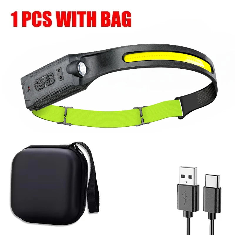 COB LED Sensor Headlamp USB Rechargeable – Camping & Fishing