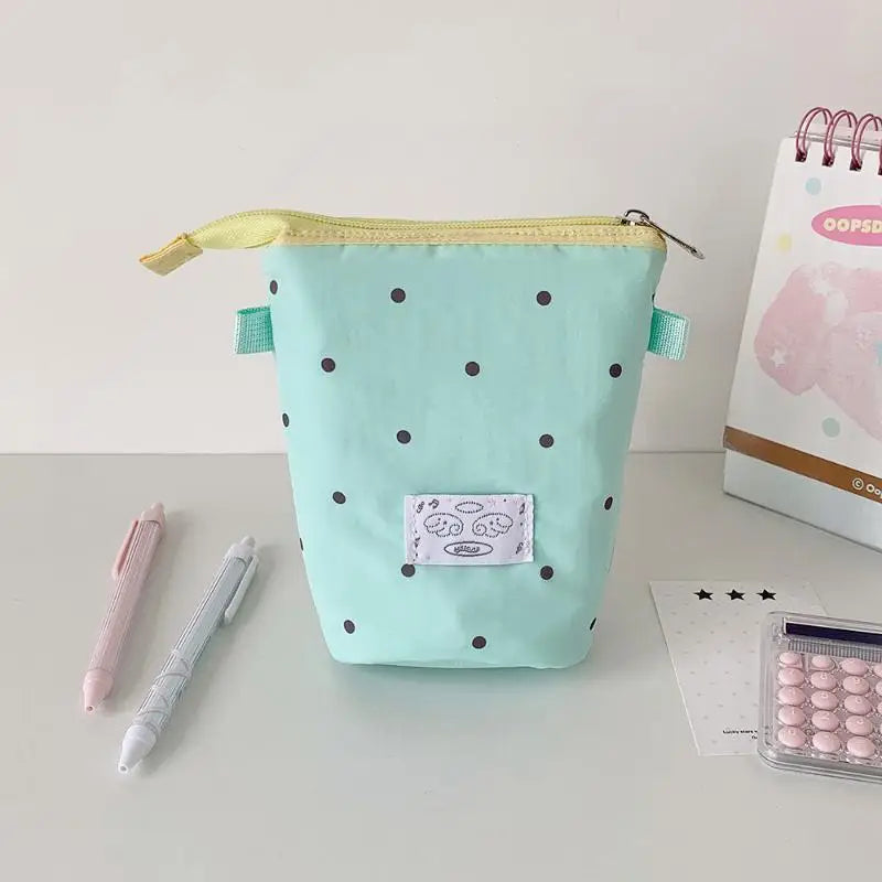 1Pcs Cute Polka Dot Solid Color Stationery Pencil Case Student Two Way Desktop Pen Holder Portable Organizer Bag ﻿ Oasis Select Green