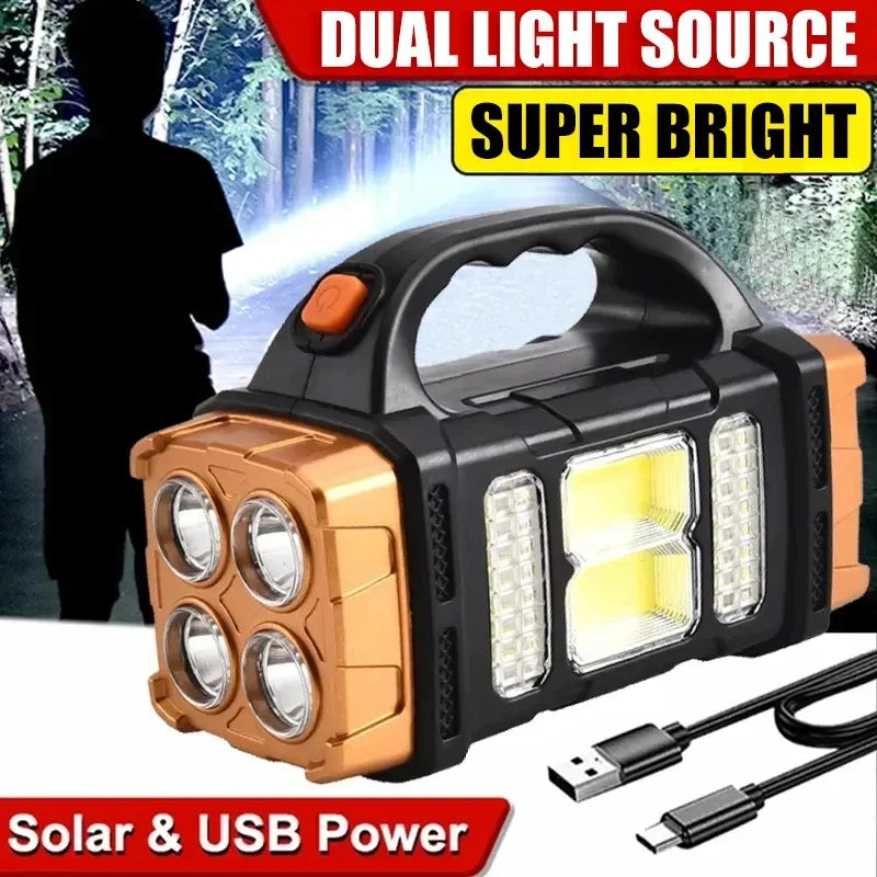 Solar USB Rechargeable LED Flashlight & COB Work Light