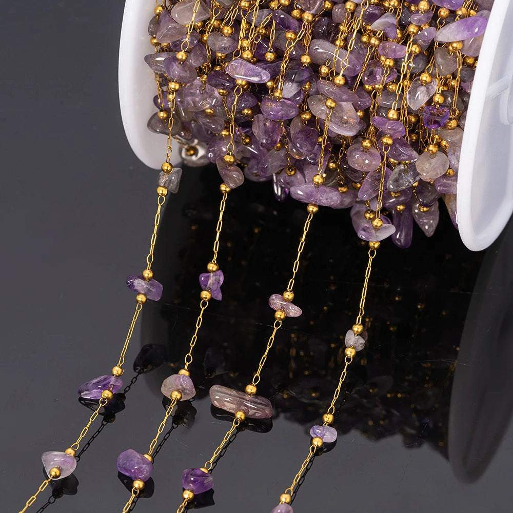 1meter Gold Plated Stainless Steel Chain Natural Raw Healing Crystal Points Gemstone Beaded Charms for Jewelry Making DIY Crafts Oasis Select Amethyst