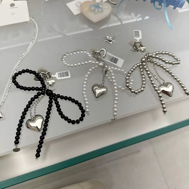 Delicate Beaded Key Chain Handmade Pearl Bow Shaped Pendant Keyring Heart Keychain Ornament Pearl Decoration For Bags Phones Oasis Select