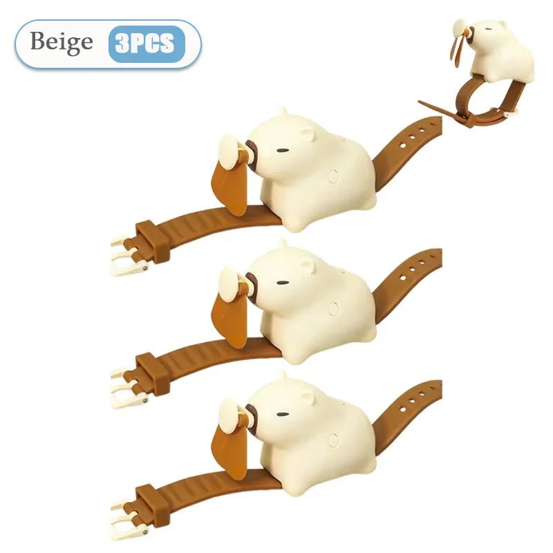 1-10PCS Cute Capybara Wrist Fan Portable Handheld Fan USB Rechargeable Silent Wearable Watch Style Cooling Gadget for Summer Oasis Select Beige-3PCS