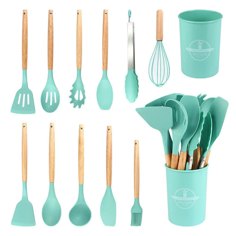 12Pcs Silicone Utensils Set Non-Stick Cookware Spatula Shovel Egg Beaters Wooden Handle Kitchenware Home Kitchen Cooking Tools Oasis Select Green 12Pcs