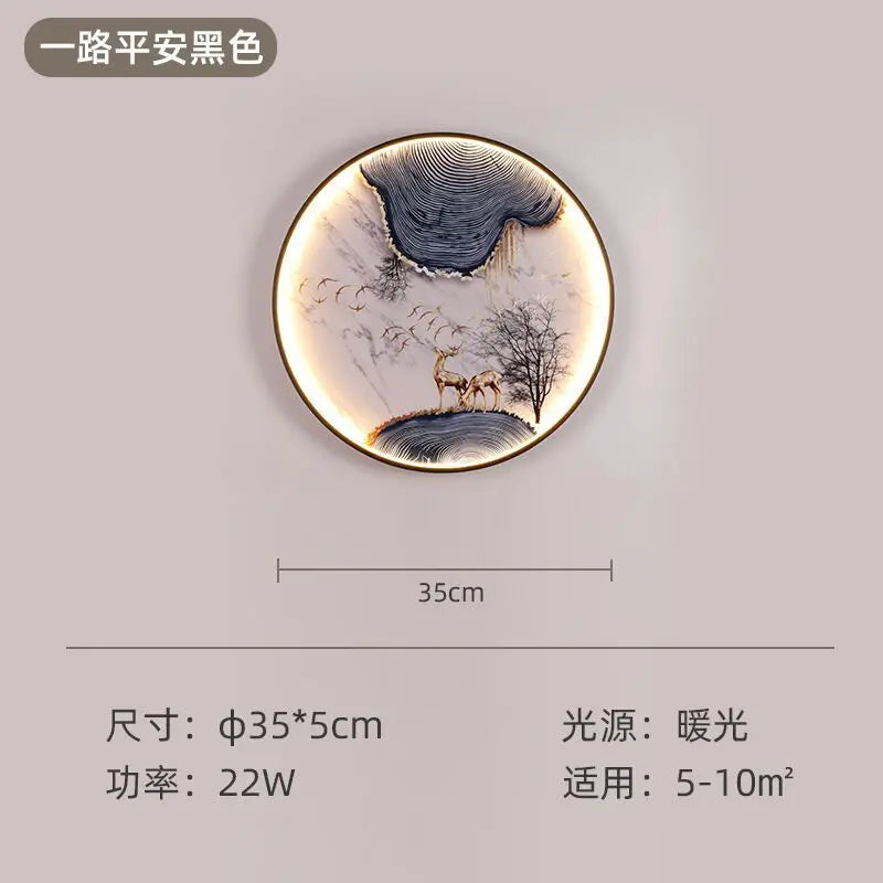 New Chinese style mural lamp Chinese style corridor tea room living room porch background wall decorative mural wall decor Oasis Select Diameter 35cm Safe journey