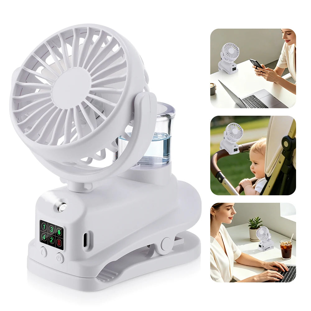 Clip-On Mist Fan USB Rechargeable 4-Speed LED | Desk Humidifier
