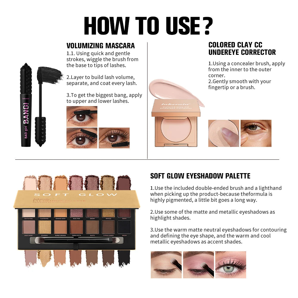 3pcs/set CC Full Coverage Undereye Color Corrector Glow Eyeshadow Palettes Volumizing Mascara Lasting Beauty Eyes Makeup Kit Oasis Select