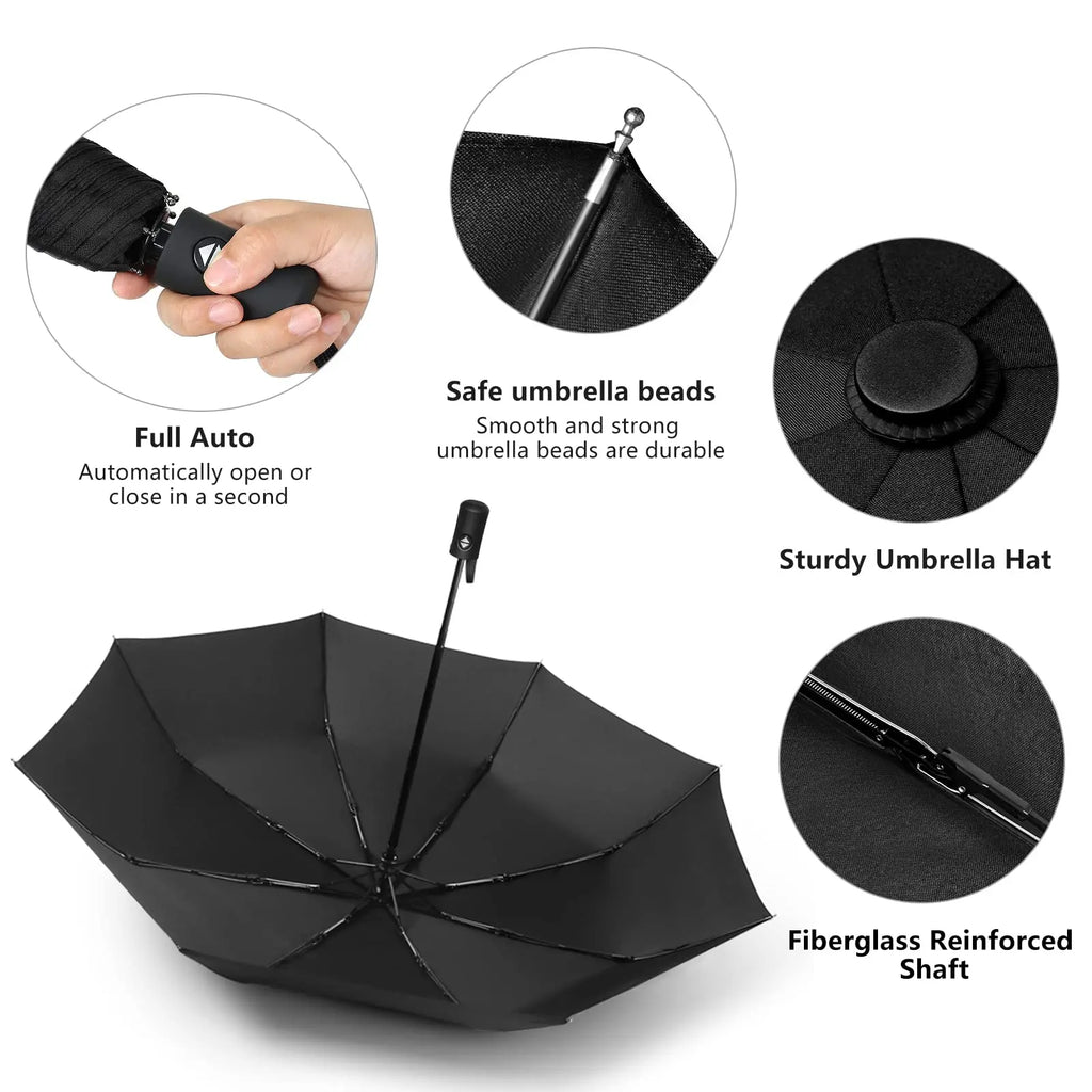 Black Glue Fully Automatic Umbrella - Thick Durable Three-Fold UV Resistant Folding Design for Protection And Style Oasis Select