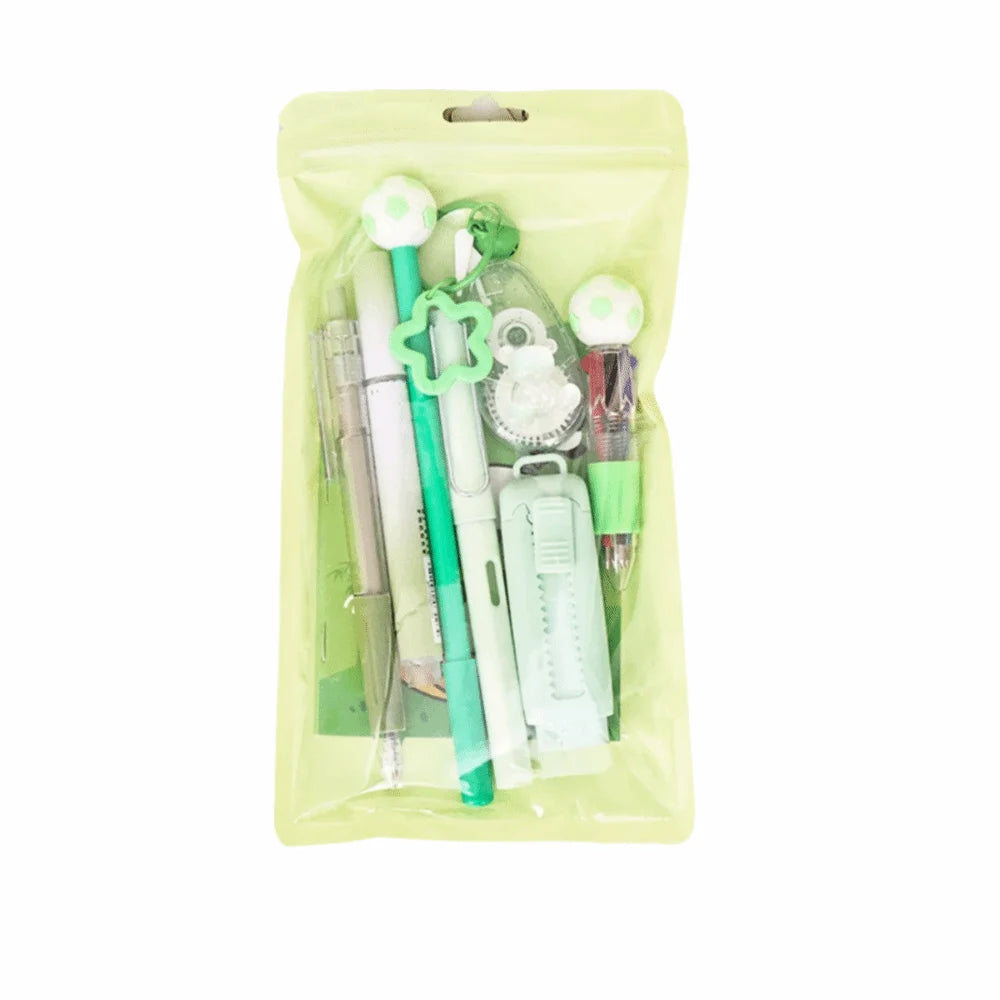 Cartoon School Stationery Set 6 Color Pens Stick Note Cartoon Stationery Set Book Ballpoint Pen Student Tools Gift Kit Oasis Select Green