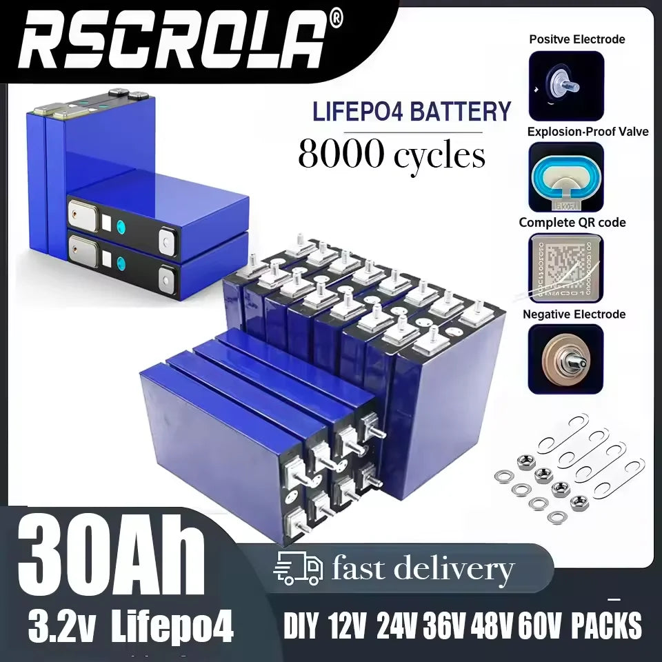 3.2V 30Ah Rechargeable LiFePO4 Battery for 4S, 12.8V, 12V, 24V, 3C, 5C Golf Carts, Offline Solar Energy Storage Oasis Select