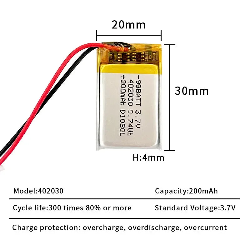 1-100pcs Lithium Polymer Battery 402030 042030 200mAh 3.7V Li-Polymer Battery for Wireless Headset Smart Bracelet Web Camera Oasis Select