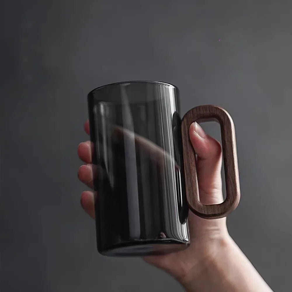 Creative Smoke Gray Wood Handle Single-layer Glass High Borosilicate Pyrex Tea Glass Guest Large Capacity Drinking Cup Oasis Select Gray 1pc 350ML