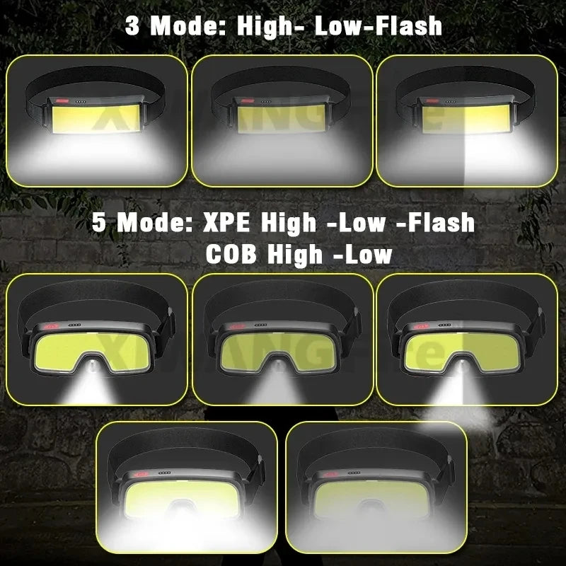 Powerful COB LED Headlamp Type-c Rechargeable Head Flashlight Built-in Battery Outdoor Fishing Camping Lantern Waterproof Torch Oasis Select