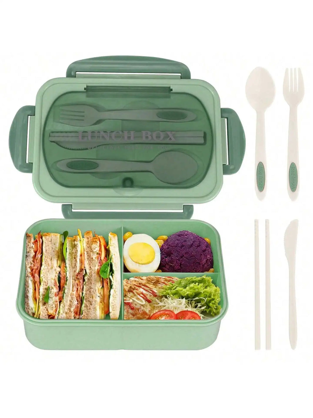 1Pc Bento Box Adult Lunch Box With 4 Compartments,Utensils, Sauce Jar, Muffin Liners, Microwave&Dishwasher Safe, Back To School Oasis Select green 1200ml