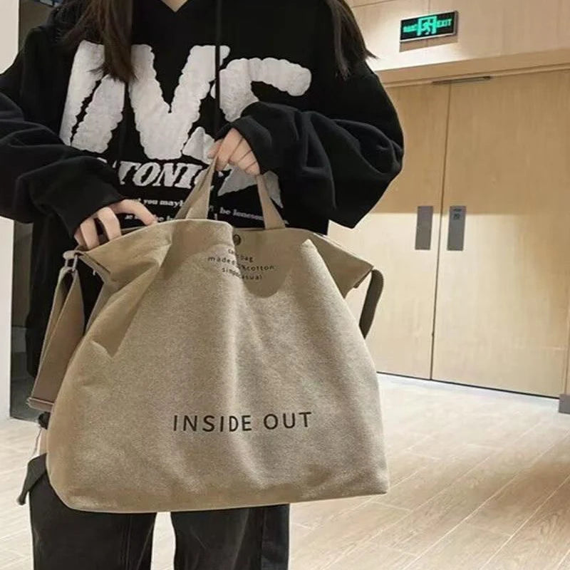 1Pcs Beige Canvas Tote Bag Adjustable Strap Large Capacity Shoulder Bag For School Commute Shopping Travel Oasis Select
