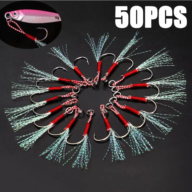 10/30/60pc Fishing Hook Jig Double PairHooks Barbed Thread Feather Accessories Pesca High Carbon Steel Fishing Lure Slow Jigging Oasis Select 50 PCS 12
