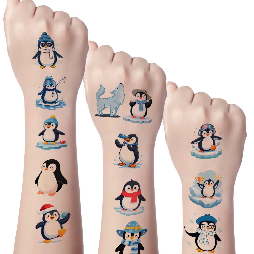 54-Piece Winter Temporary Tattoos – Penguin & Snowman Stickers