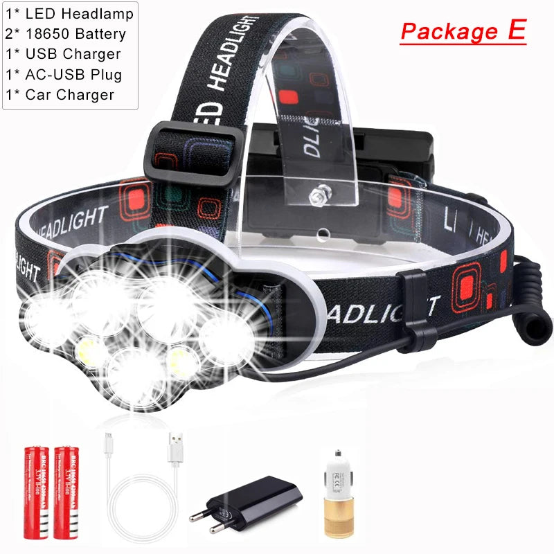 Most Powerful 7 LED Headlamp 18650 Rechargeable Headlight Waterproof Head Lamp Super Bright Head Flashlight Oasis Select Package E