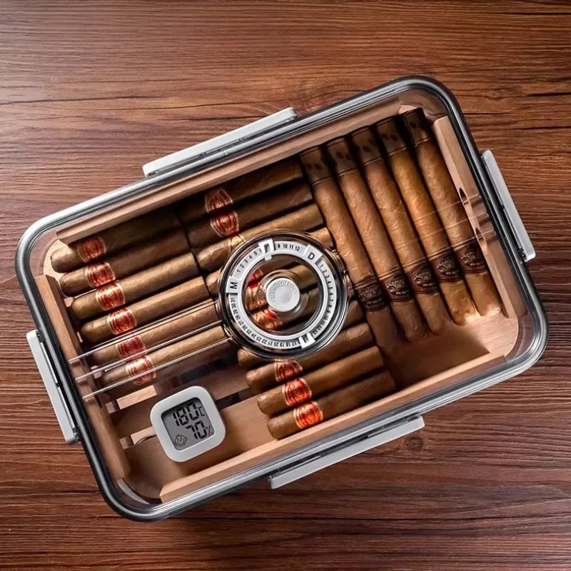 Cigar Box with Alcohol Nourishing Transparent Built-in Hygrometer Sealed Cigar Moisturizing Box Large-capacity Storage Oasis Select