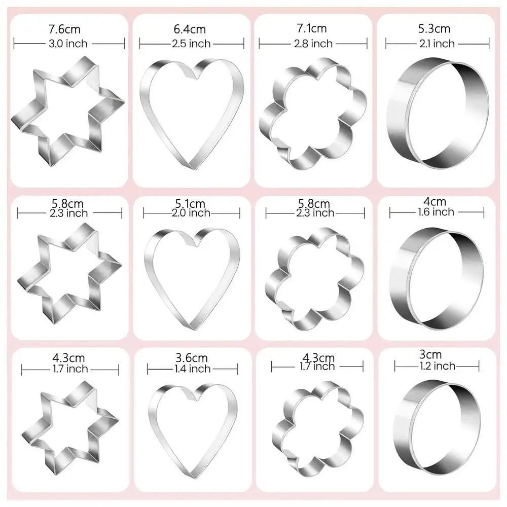 12Pcs Stainless Steel Mold Heart Star Flower Geometric Shape Cookie Cutters Chocolate Cake Molds Fondant Biscuits Baking Tools Oasis Select 12Pcs