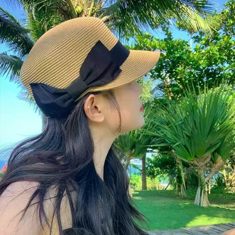 Women's Summer Straw Hat French Flat Top Vintage Bow Sun Visor Cap For Outdoor Travel Beach Vacation Sunscreen Headwear Oasis Select