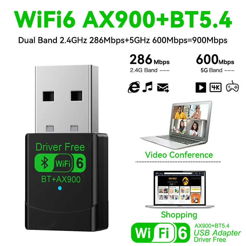 AX900 WIFI6 USB Adapter 2 IN 1 Bluetooth 5.4 Dual Band 2.4G&5G 900Mbps WiFi 6 802.11AX Mini Wireless Card Receiver For WIN 10/11 Oasis Select