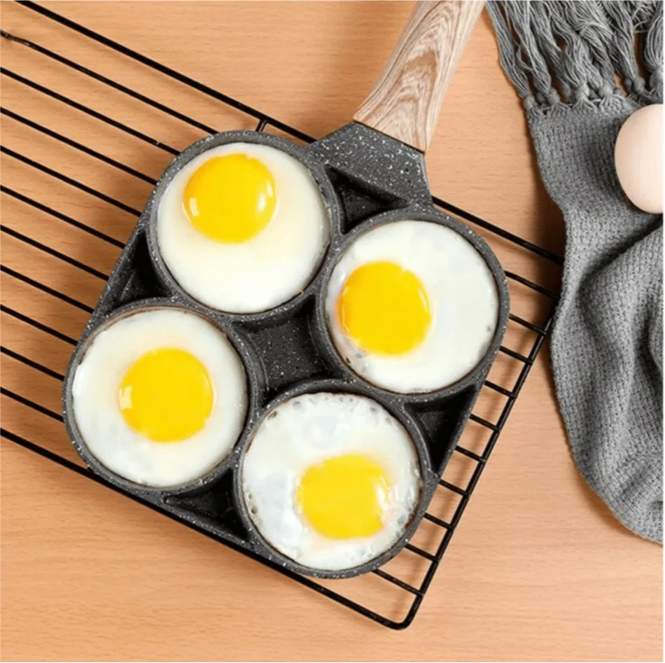 Frying pan, non-stick ham pancake maker, egg burger pan, with wooden handle, 4-hole, suitable for induction cooktops and gas sto Oasis Select