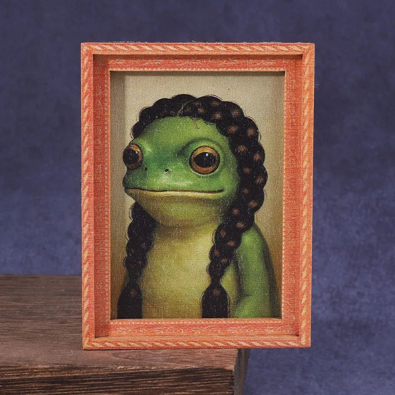 1Pc Mini Wooden Photo Frame Frog Fridge Magnet Funny Green Frog & Haircut Modern Kitchen Decor Refrigerator Ornament Oasis Select