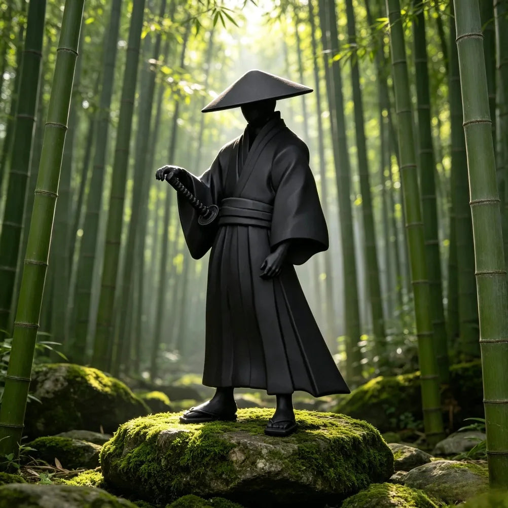 Wandering Ronin Statue Japanese Straw Hat Samurai Sculpture, Oriental Bushido Desktop Ornament for Study Room Home Decor Gift Oasis Select