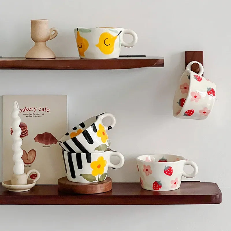 300ML Ceramic Mugs Hand Pinched Irregular Mug Hand-painted Strawberry Flower Coffee Cup Breakfast Milk Afternoon Tea Cup Gift Oasis Select