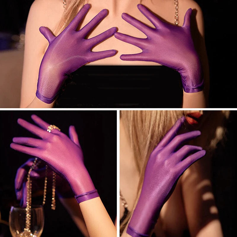 Women Oil Glossy Tight Stocking Gloves Sexy High Elastic Transparent Ultra-Thin Clubwear Short Wrist Gloves Oasis Select