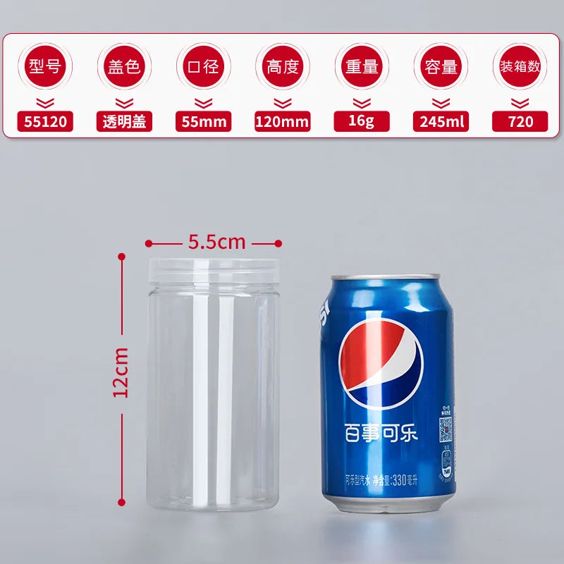 1PC Plastic Packing Bottle PET Clear Empty Seal Bottle Circular Bucket Storage Biscuit Jar Food Grade Sealed Cans Tank Container Oasis Select E-245ml