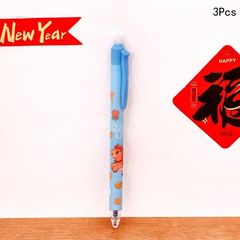 3Pcs Cute Cartoon New Year's Pony Erasable Pen Press Magic Brush Gel Pen Student Stationery Supplies New Year Stationery Gifts Oasis Select A5