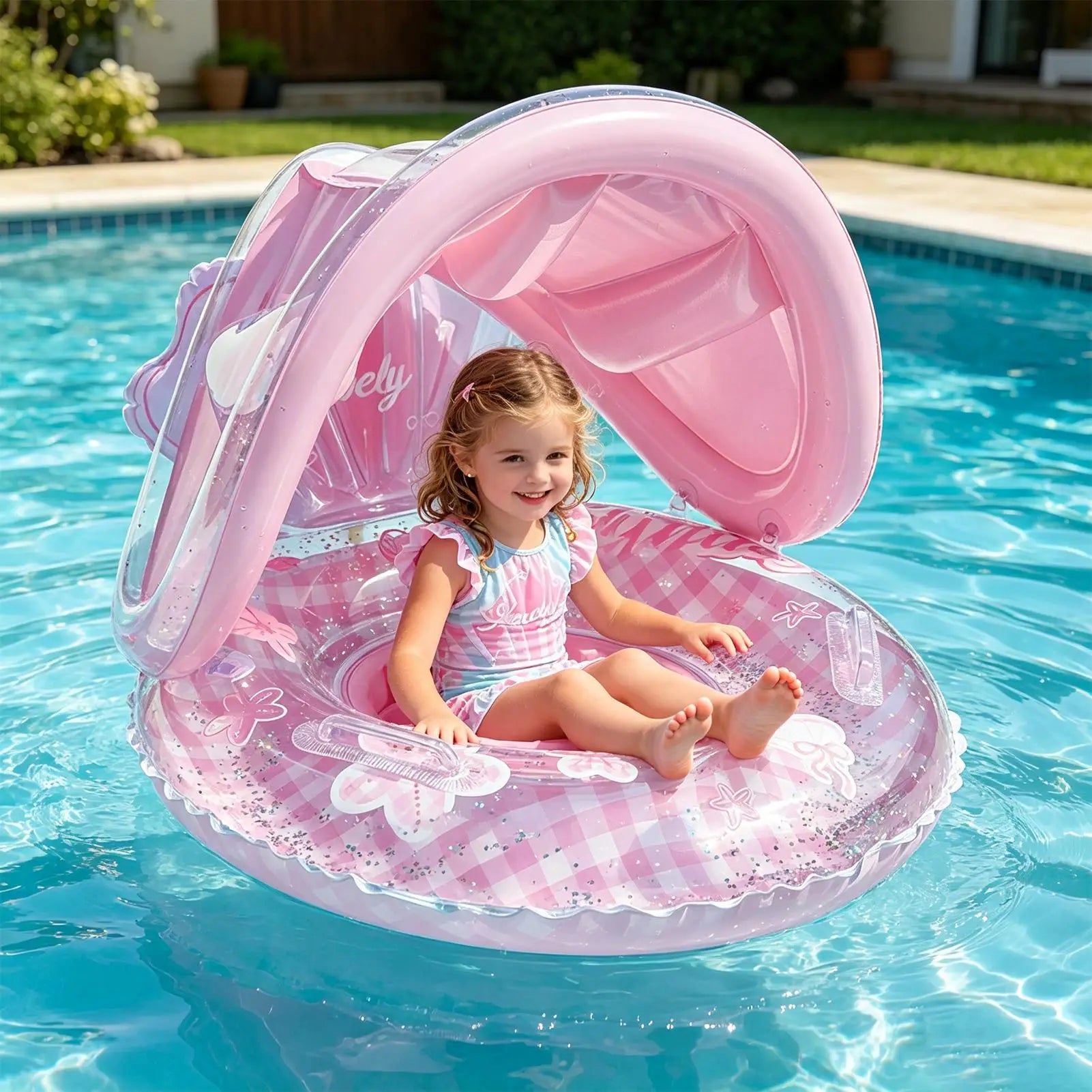 Pool Float with Canopy Kids Pool Float with Backrest Cute Swim Ring for Kids Beach Water Lake Summer Travel Vacation Party Oasis Select