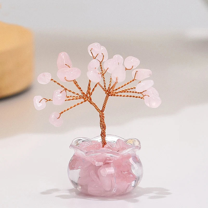 Natural Yellow Crystal Money Tree Mini Red Agate Office Desk Ornament Cartoon Feng Shui Lucky Plant Decor for Business Space Oasis Select Pink